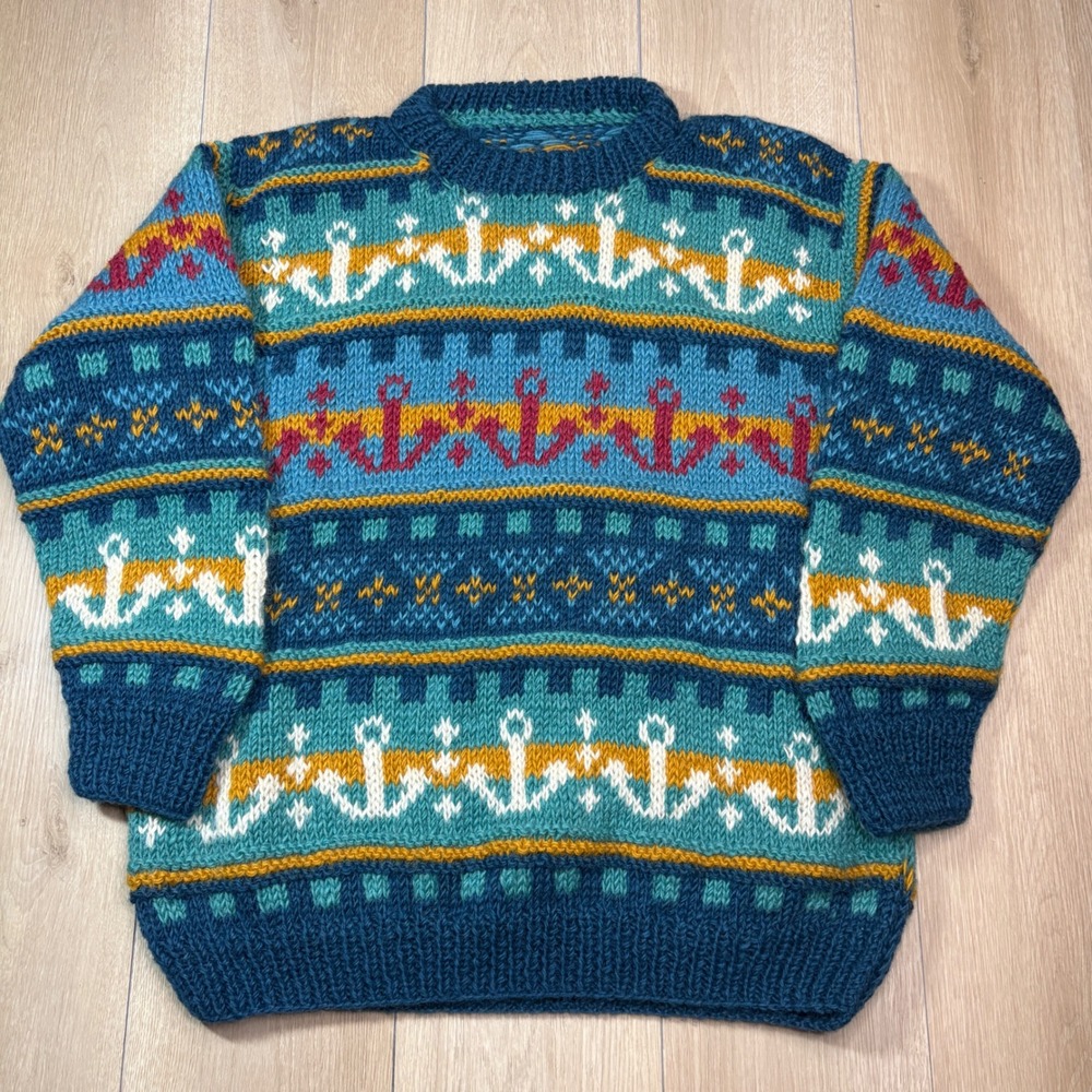Vintage Handmade Wool Anchor Fair Isle Sweater Mens XL Teal Nautical Pullover